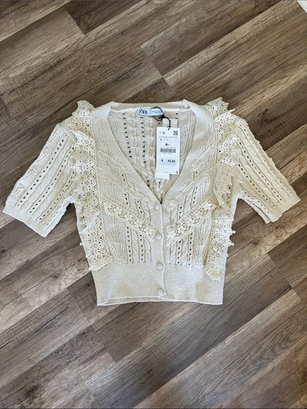 Zara Cream Crochet Lace-Trim Short-Sleeve Cardigan - Picture 2 of 4